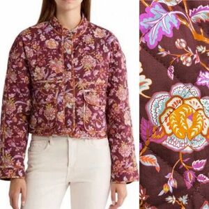 7 For All Mankind Quilted Floral Bomber Cropped Jacket Coat Cottagecore Autumn